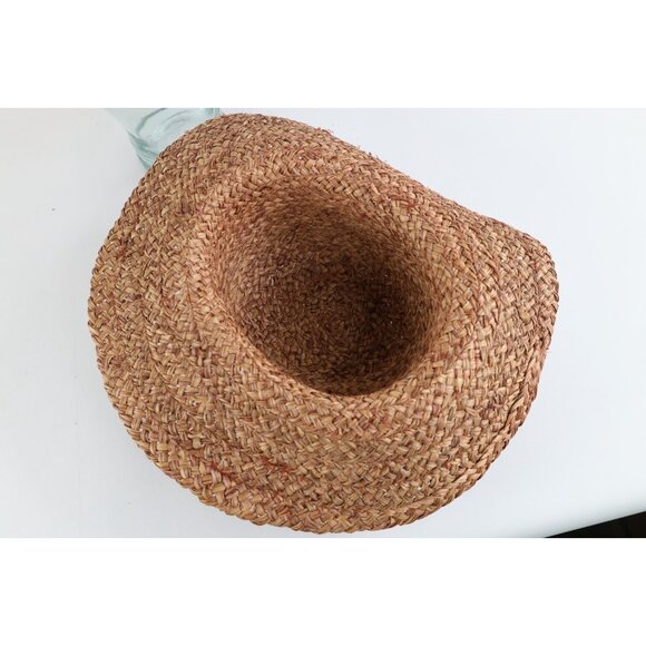 Vintage 80s 90s Boho Chic Wide Brim Raffia Straw Sun Hat Ribbon Womens OSFM